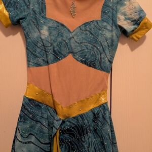 Blue and Gold Ice Skating Costume. Used For Aladdin Routine. Jazmine inpired.